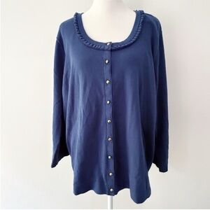 Lands End Women Cotton Ruffle Cardigan 2X Nautical Preppy Twee Classic Office